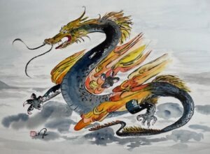 „Drache Long“ Aquarell & Tusche, 51x35.5 / PP 50x70, Nr 136a